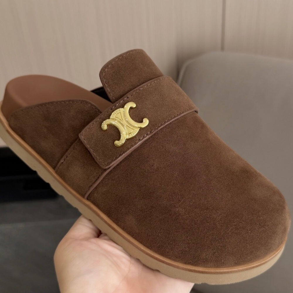 Celine Chocolate Suede Mules with Gold Emblem - Picture 4 of 4